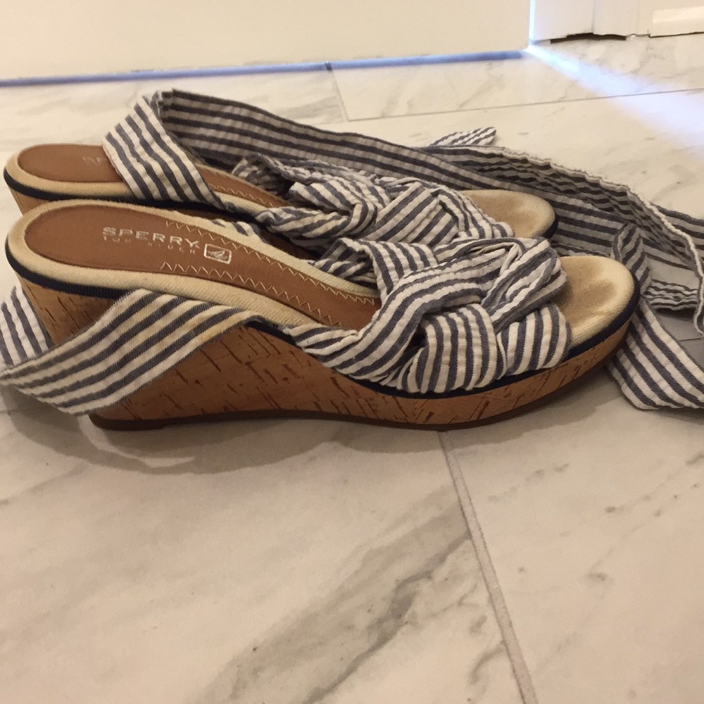 Sperry seersucker ribbon wrap wedges